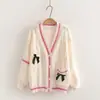 26039 Conjunto de Tricô Estilo College Doce Redutor de Idade com Laço Cardigan de Gola V + Camisa com Gravata Conjunto de Duas Peças para Mulheres