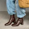 Botines de Piel de Vaca de Dos Capas con Tacón Grueso Botas de Tacón Alto Otoño Invierno Nuevos Punta Cuadrada Cremallera Trasera Tacón Alto Botas de Moda Botines de Mujer 42