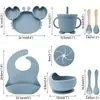 Set de Alimentación para Bebé de Silicona de 9 Piezas - Plato Dividido con Ventosa y Tazón con Forma de Cangrejo con Babero Ajustable y Utensilios