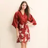 Camisola Feminina Fina de Seda Média Roupão de Banho Festa de Verão Pijama Parador Vermelho Casamento Madrinha Vestido de Manhã de Casamento Noiva Feminina