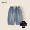 Bangxuan Huzhou Zhili Ropa Infantil Jeans Infantiles Cintura Elástica Bloque de Color Jeans Cortos para Niños Pantalones para Niñas Forrados de Felpa