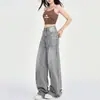 Jeans estilo retro color gris moca para mujer, pantalones de pierna ancha de cintura alta a la moda que cubren las caderas, pantalones largos hasta el suelo que te hacen ver más alta y delgada.