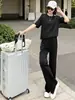 Suministro Exclusivo Transfronterizo Primavera 2026 Estilo Europeo y Americano Conjunto Deportivo Negro para Mujer, Manga Corta Pantalón Largo, Corte Holgado, Adelgazante, Conjunto de Dos Piezas de Comercio Exterior