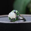Golden Deer King S925 Prata Vintage Queima Azul Artesanato Incrustado Hetian Jade Anel Feminino Aberto Chinês Artístico Anel de Dedo
