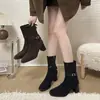 Botines Cortos de Tacón Alto de Gamuza Estilo Francés para Mujer, Novedad Verano 2025 Botas Estrechas de Tacón Grueso y Punta Cuadrada, Botines Individuales Retro para Mujer