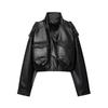 Moda Femenina Europea y Americana Transfronteriza Otoño 2025 Estilo Europeo y Americano Tendencia Chaqueta con Cuello Alto Bolsillo Decorado Abrigo de Cuero
