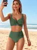Traje de baño de dos piezas transfronterizo, Bikini de color liso de cintura alta, Vacaciones en la playa, Comercio exterior europeo y americano, Mujeres de talla grande, Talla grande, Super reductor