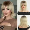 Peluca de mujer estilo europeo y americano, cabello corto rizado en capas rubio ombré con flequillo de lado, adecuada para uso diario, voluminosa, resistente al calor, peluca de longitud hasta el hombro, 14 pulgadas