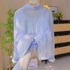 Camisa Azul de Encaje en la Espalda con Abertura de Encaje de Manga Larga Protección Solar Chaqueta Delgada Cárdigan Camisero de Verano para Mujer Ligero y Transpirable