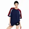 Camiseta de Manga Corta de Algodón Puro, Rayas de Bloque de Color, Estilo Americano, Peso Pesado, para Mujeres y Hombres, Tendencia de Verano, Marca, Estilo Deportivo, Holgada, Manga Raglán