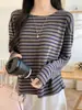Camiseta de manga larga a rayas estilo francés, corte relajado, para mujer, nueva colección otoño 2026, corte holgado, cuello redondo, top básico