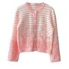 Ropa de Mujer de Primavera y Verano Transfronteriza, Elegante Top Rosa Estilo Chanel, Cárdigan de Punto Jacquard Rayado de Cuello Redondo para Mujer