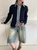 Cárdigan de punto con diseño patchwork de mezclilla estilo europeo, nueva colección otoño/invierno 2026, corte holgado, con cremallera, suéter abrigo con cuello para mujer