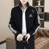 Chaqueta Casual Holgada de Pana a Rayas con Parches de Tendencia para Hombre, Primavera/Otoño, Cuello Alto, Principios de Otoño