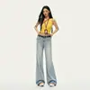 Jeans juveniles acampanados elásticos de lyocell color Naranja # Azul claro para mujer, corte holgado, adelgazantes, con caída, versátiles, finos, de largo hasta el suelo