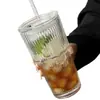 Taza de Vidrio de Gran Capacidad de Moda con Tapa y Popote, Vaso de Agua con Raya Vertical, Vaso de Vidrio con Raya Vertical para Bebidas Frías, Vaso para Jugo, Taza de Café