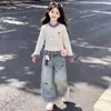 Conjunto de Duas Peças para Meninas Outono e Primavera Cardigan Retrô Xadrez Color-Block Estilo College Jeans Fofo Estilo Coreano Tendência