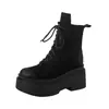 Botas de Salto Alto com Solado Grosso Cor Lavada para Mulheres Botas Martin Outono e Inverno Bico Redondo Camurça de Vaca Cadarço Desgastado Casual Botas Curtas para Mulheres Botas de Motociclista
