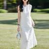 Vestido Longo de Festa Sem Mangas em Cetim de Ácido Acético Estilo Europeu e Americano Primavera e Verão Feminino Decote Redondo Corte Tridimensional
