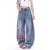 Jeans patchwork rasgado estilo retrô americano para homens e mulheres, novo estilo com design xadrez color-blocking, calça larga curva solta, moderno