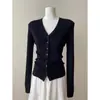 Cárdigan de punto negro francés con cuello en V, de un solo botón, con top para mujer a principios de otoño, ajustado, suéter suave y ceroso, camisa base