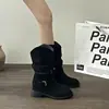 Hebilla de cinturón vintage desgastada, botas apiladas para mujer, nuevo modelo de otoño 2026, botas de trabajo de tacón grueso a media pantorrilla, botas versátiles de moda estilo europeo y americano