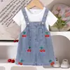 Amazon Verano Europeo y Americano Nuevo Camiseta Blanca Falda con Tirantes Estampado de Cerezas Ropa Sencilla y Linda para Bebé Niña en Stock