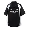 Camisa Polo Desconstruída de Manga Curta com Meio Zíper para Homens, Camiseta Estilosa e de Alta Qualidade no Estilo Jersey, Verão Americano High Street de Manga Curta