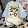 Diseño Estilo Americano, Divertido Estampado de Dibujos Animados, Camiseta de Manga Corta Patchwork, Top Casual Suelto de Verano para Pareja, Ropa de Trabajo