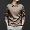 Camisa Polo Popular Escovada com Meio Zíper Manga Longa Masculina Gola Lapela Primavera e Outono Seda de Amora Tops para Homens de Meia-Idade Camiseta
