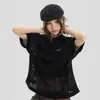 Camiseta de punto de malla hueca con cuello en V, estilo americano, de marca china de moda, para pareja, unisex, holgada, con cuello, de manga corta