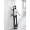 Calças casuais para mulheres, primavera e outono, estilo coreano, corte solto, estilo boyfriend, macias e confortáveis, com caimento fluido, listradas, levemente flare, calças wide leg