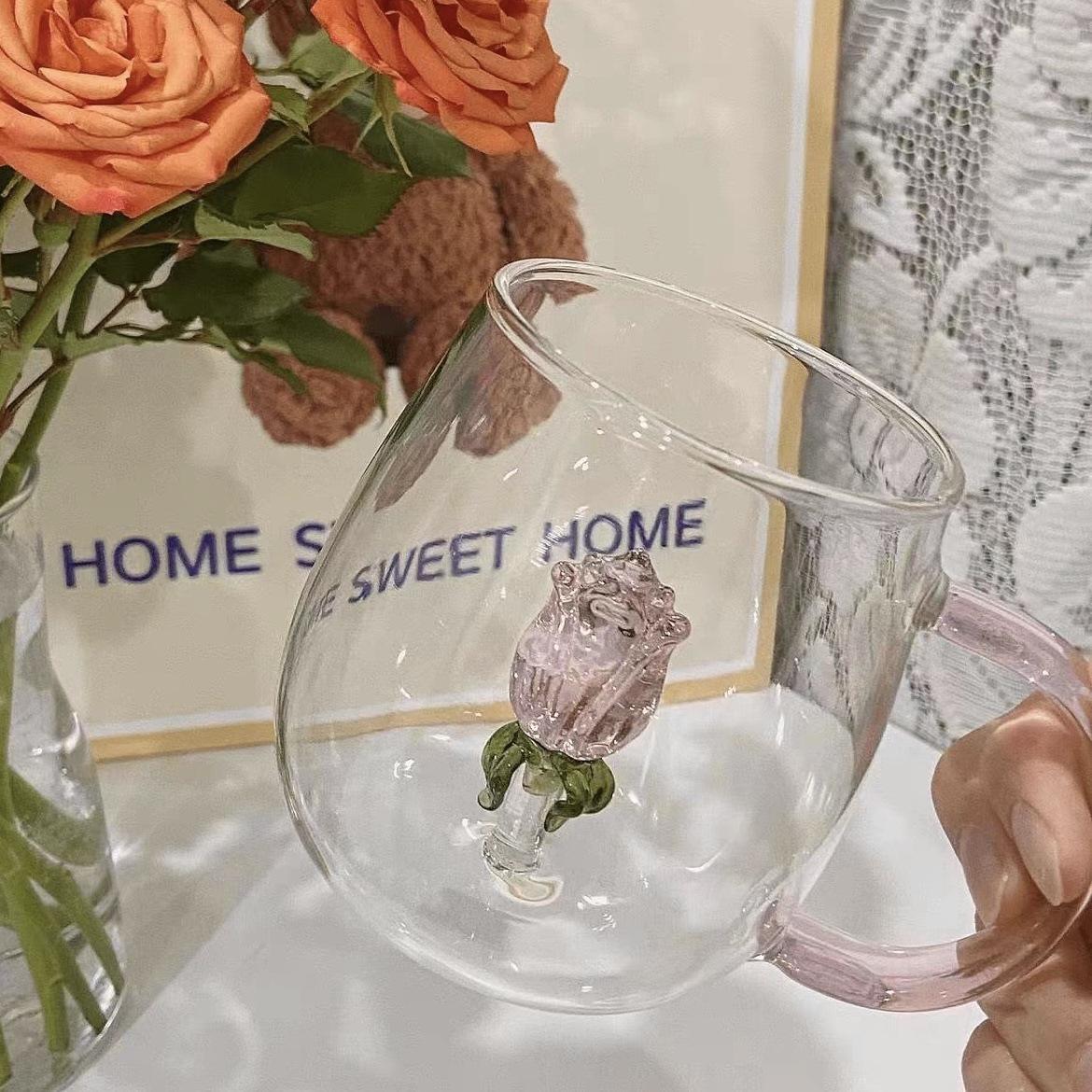 ins立体造型玻璃杯,透明单层玻璃杯,玫瑰花果汁杯,家用带把饮品杯