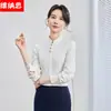 Uniforme de trabajo de camarera para sala principal de restaurante, estilo chino, cuello mao, camisa profesional de manga larga para mujer, primavera y otoño