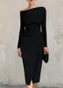 Sitio independiente de Amazon europeo y americano: Vestido de hombros descubiertos, entallado en la cintura, de manga larga y plisado, adecuado para banquetes y el trabajo.
