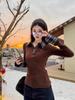 Camiseta de Manga Larga a Cuadros Rojos Coreana con Empalmes para Mujer en Primavera, Otoño e Invierno, Camisa Ajustada para Capas, Top Falso de Dos Piezas para Principios de Otoño