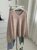 Casaco Suéter Pulôver de Lã Escovada Lã Preguiçosa Estilo Suave Feminino Emagrecedor Decote V Malha de Lã Solta Inverno