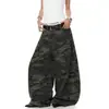 TR BRUSHSHIFT Jeans camuflados com strass estilo retrô americano, calças largas de cintura alta, caimento solto, compridas, perna larga curva