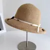Sombrero de cubo de paja con diseño de chica enérgica estilo japonés, bloques de color, lazo y borde enrollado para mujer, protección solar de verano para salidas