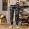 Calça jeans de trabalho da moda estilo americano nova para homens, cintura elástica casual, bolsos, algodão puro, com zíper, barra dobrada, comprida para homens