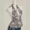 Top de tirantes con cuello halter de lunares transfronterizo con pliegues para ceñir la cintura, adelgazante, sexy estilo de deseo puro de verano, top sin mangas con espalda descubierta para mujer