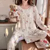 Pijama de dibujos animados estilo japonés para mujer, primavera y otoño, conjunto fino de ropa de casa de manga larga y pantalón largo de algodón nube holgado, se puede usar para salir