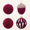 Nueva Bola Navideña de Terciopelo Transfronteriza, Adorno Colgante para Árbol de Navidad con Forma Irregular, Bola Decorativa con Diseño Calado, Piña de Pino, Rojo Vino, 8cm, 4 Piezas