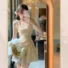 Ventas Directas de Fábrica, Envío Gratis, Cintura Adelgazante, Vestido Floral Amarillo, Falda de Tirantes de Té para Mujer, Fresco y Romántico de Verano