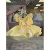 Vestido de menina em estilo doce, vestido amarelo de manga bufante, vestido de princesa para aniversário, vestido fofo, vestido estilo francês para um ano de idade