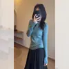 Hermosa Camiseta de Punto Base Azul Estilo Coreano para Mujer, Perfecta para Otoño e Invierno, Suéter Superior Único y Súper Elegante para Figuras Pequeñas