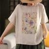 Blusas de Lino Estampadas Retro Japonesas y Coreanas para Mujer Verano Cuello Redondo Manga Corta Camisetas Pulóver Literario Estilo Retro