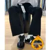 Calça Jeans Reta Preta Feminina, Lançamento Outono/Inverno 2025 Cintura Alta Forrada com Fleece Caimento Solto Modelador Barra Reta Comprimento Total Calças Estreitas