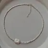 Colar de Pérolas de Água Doce Quadradas de Formato Especial Barroco para Mulheres Estilo Coreano Moderno Assimétrico Banhado a Prata Corrente de Clavícula Prata Quebrada