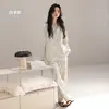 2026 Novo Pijama para Mulheres Primavera e Outono Algodão Puro Manga Longa Conjunto Azul Pode Ser Usado Fora Solto Casual Roupas de Casa 100% Algodão